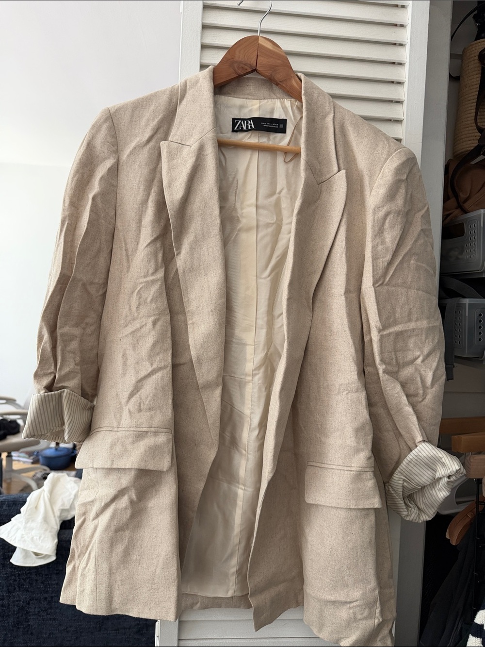 Zara Light Beige Linen-Blend Blazer Jacket